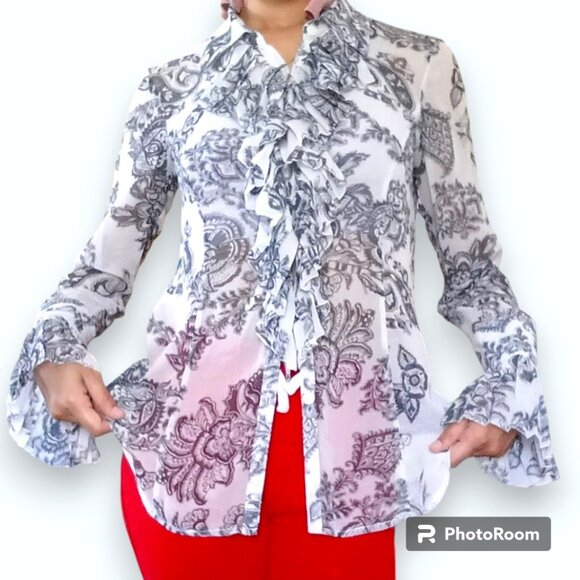 Ruffled Floral Black White Grey Floral Blouse Translucent Tie Up Flare Small - Picture 1 of 9
